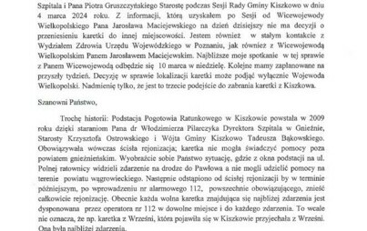 Zdjęcie do Oficjalny Komunikat W&oacute;jta Gminy Kiszkowo dotyczący Podstacji Pogotowia Ratunkowego w Kiszkowie